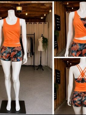 Orange Tropical Print Women's Bikini Set - Tank & Shorts